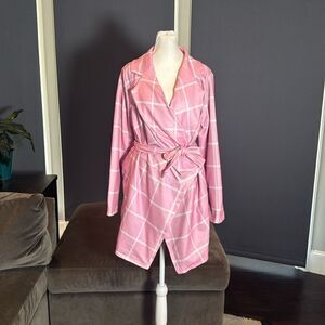 Women’s Pink Turn Down Collar Wrap Trench Coat Grid Pattern Size L (**Tag XL)